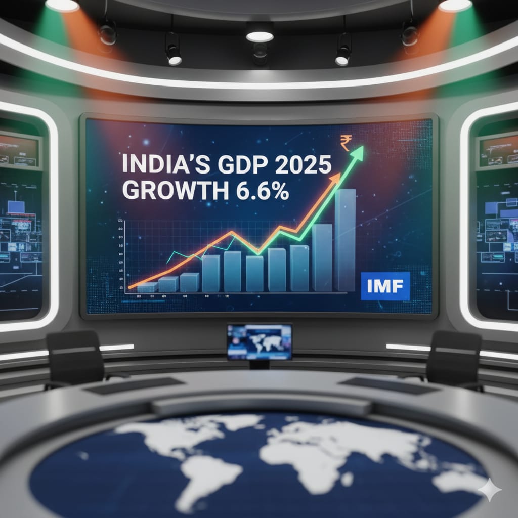India’s GDP 2025 growth chart showing 6.6% rise as per IMF report, with Indian flag background and financial graph upward trend.
