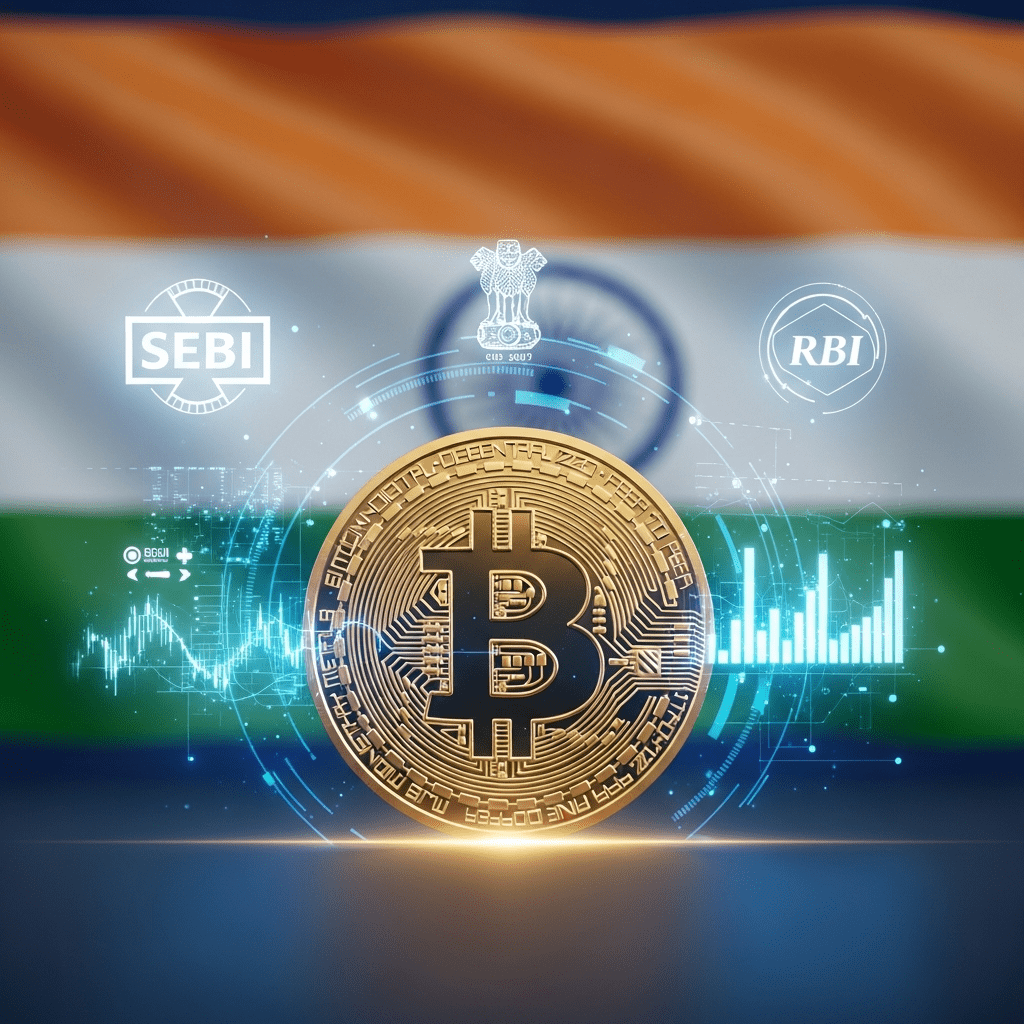 Illustrative image showing cryptocurrency regulation in India 2026 by SEBI and RBI