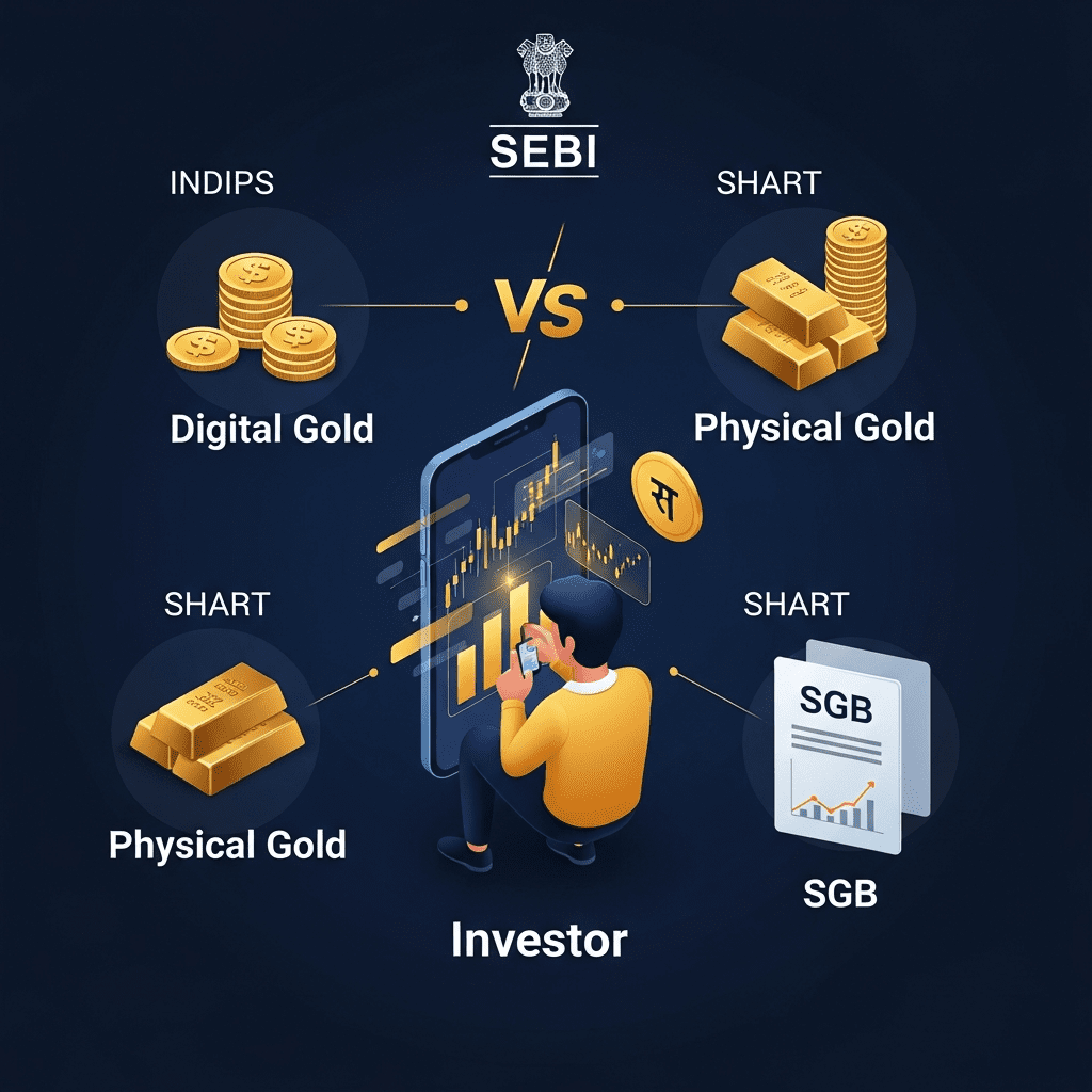 SEBI Warns Against Investing in Digital Gold— An Indian investor analyzing gold investment risk on a smartphone screen.