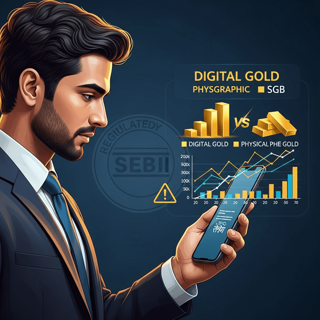 SEBI Warns Against Investing in Digital Gold — Indian investor analyzing gold investment risk on a smartphone screen.