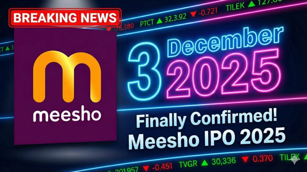 Meesho IPO 2025 breaking news thumbnail with glowing logo, stock market charts, rupee symbols and Hindi headline about biggest IPO of 2025.
