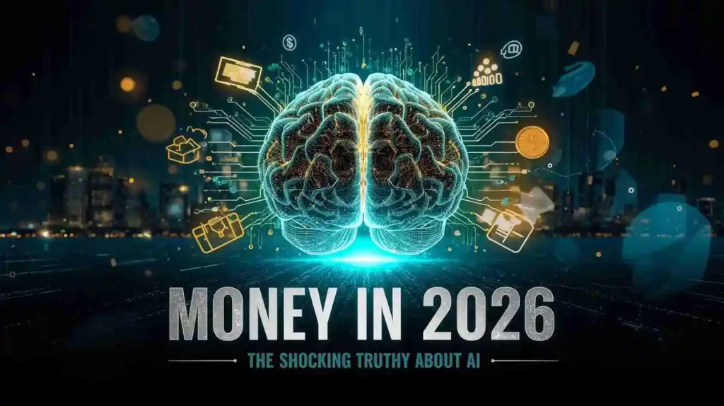 Futuristic glowing brain made of circuits with the text “Money in 2026 – The shocking truth about AI” in front of a city skyline.