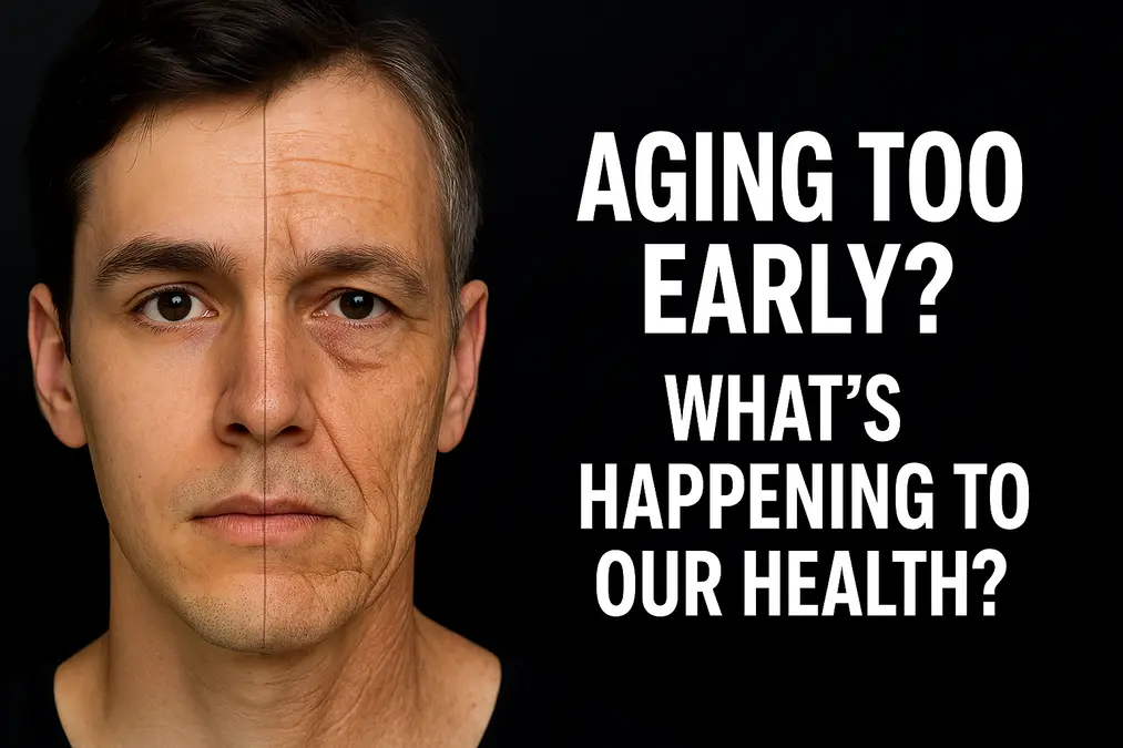 Health Young face split into aging and youthful sides.