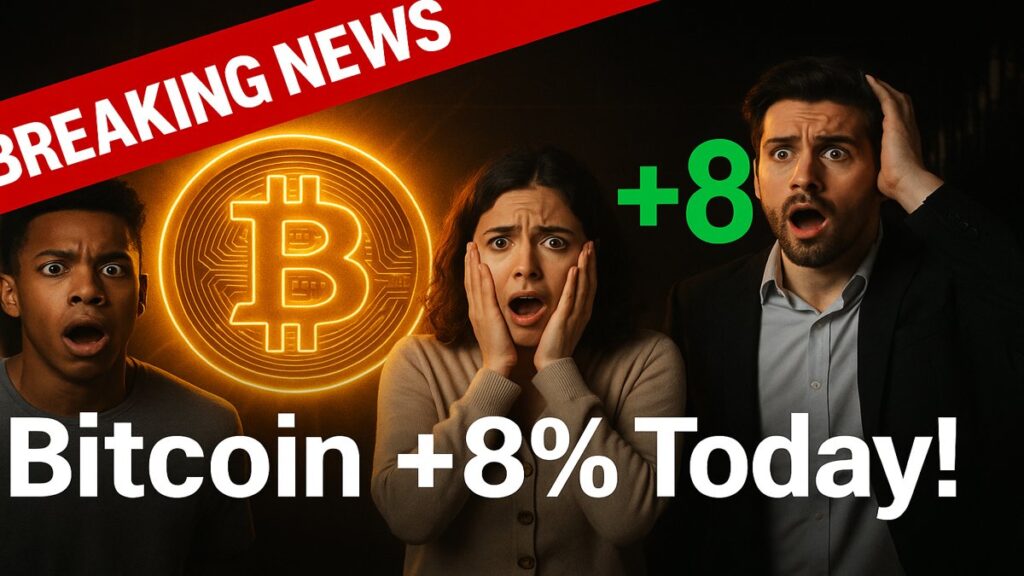 Breaking-news style thumbnail showing Bitcoin logo with +8% surge arrow