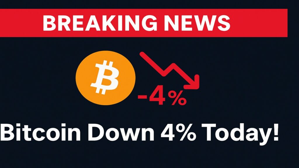 Breaking news thumbnail showing Bitcoin down 4% with a red arrow.