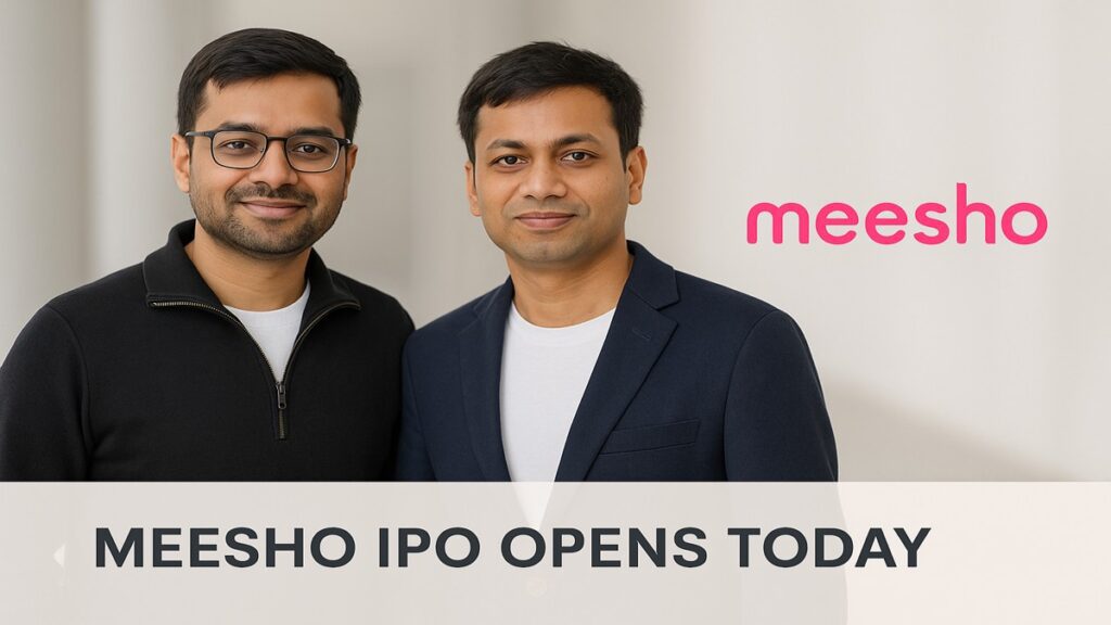 Meesho founders Vidit Aatrey and Sanjeev Barnwal with the original Meesho logo on a simple professional background.